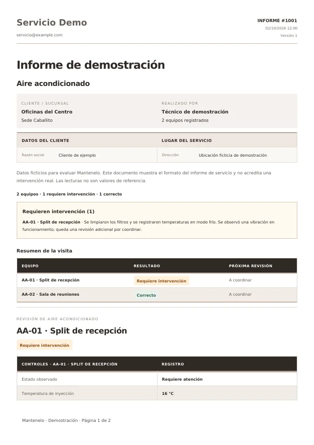 Primera página del informe de Aire acondicionado, generado con la plantilla de Mantenelo y datos ficticios
