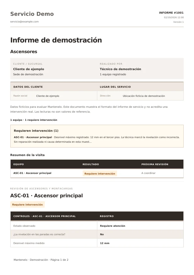 Primera página del informe de Ascensores, generado con la plantilla de Mantenelo y datos ficticios