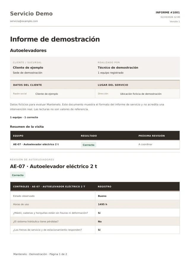 Primera página del informe de Autoelevadores, generado con la plantilla de Mantenelo y datos ficticios