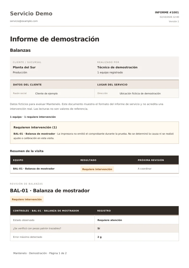 Primera página del informe de Balanzas, generado con la plantilla de Mantenelo y datos ficticios