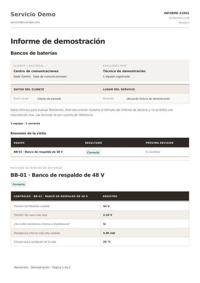 Primera página del informe de Bancos de baterías, generado con la plantilla de Mantenelo y datos ficticios