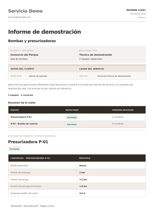 Primera página del informe de Bombas y presurizadoras, generado con la plantilla de Mantenelo y datos ficticios