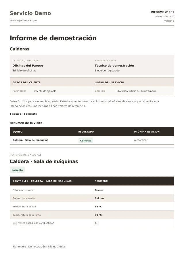 Primera página del informe de Calderas, generado con la plantilla de Mantenelo y datos ficticios