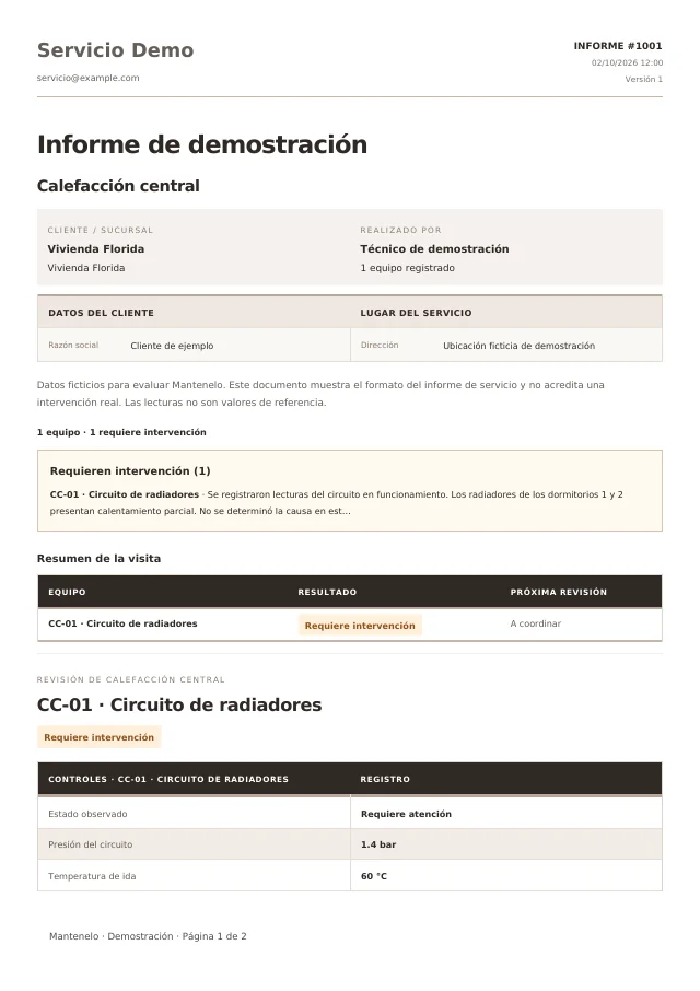 Primera página del informe de Calefacción central, generado con la plantilla de Mantenelo y datos ficticios