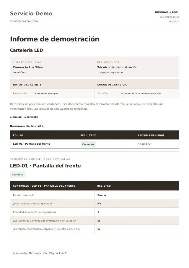 Primera página del informe de Cartelería LED, generado con la plantilla de Mantenelo y datos ficticios