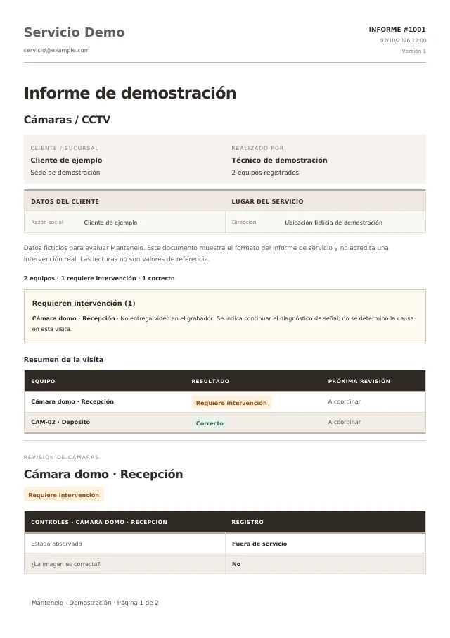 Primera página del informe de Cámaras / CCTV, generado con la plantilla de Mantenelo y datos ficticios
