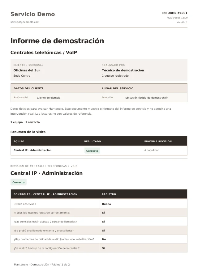 Primera página del informe de Centrales telefónicas / VoIP, generado con la plantilla de Mantenelo y datos ficticios