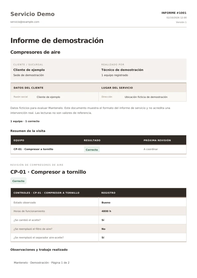Primera página del informe de Compresores de aire, generado con la plantilla de Mantenelo y datos ficticios
