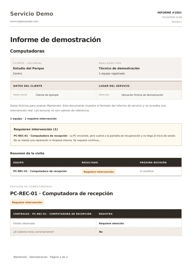 Primera página del informe de Computadoras, generado con la plantilla de Mantenelo y datos ficticios