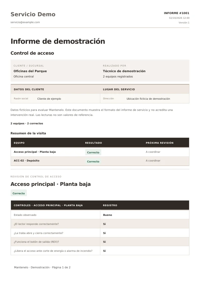 Primera página del informe de Control de acceso, generado con la plantilla de Mantenelo y datos ficticios