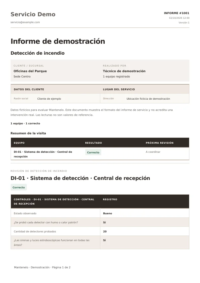 Primera página del informe de Detección de incendio, generado con la plantilla de Mantenelo y datos ficticios