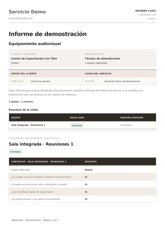 Primera página del informe de Equipamiento audiovisual, generado con la plantilla de Mantenelo y datos ficticios