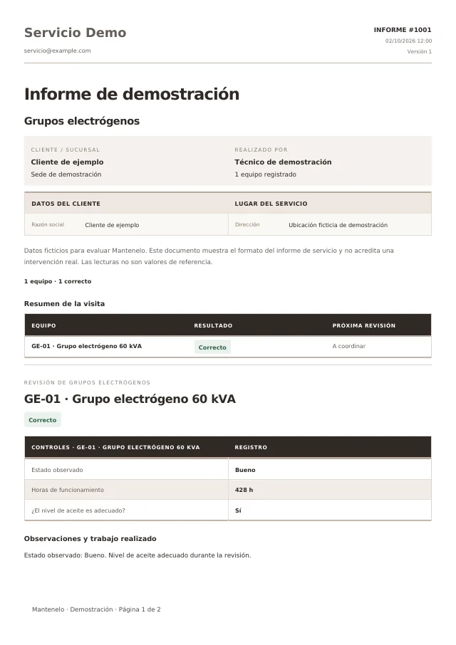 Primera página del informe de Grupos electrógenos, generado con la plantilla de Mantenelo y datos ficticios