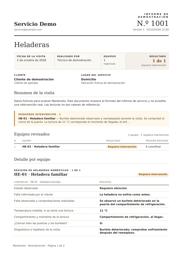 Primera página del informe de Heladeras, generado con la plantilla de Mantenelo y datos ficticios