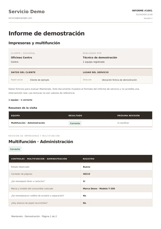 Primera página del informe de Impresoras y multifunción, generado con la plantilla de Mantenelo y datos ficticios