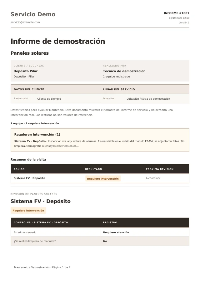 Primera página del informe de Paneles solares, generado con la plantilla de Mantenelo y datos ficticios