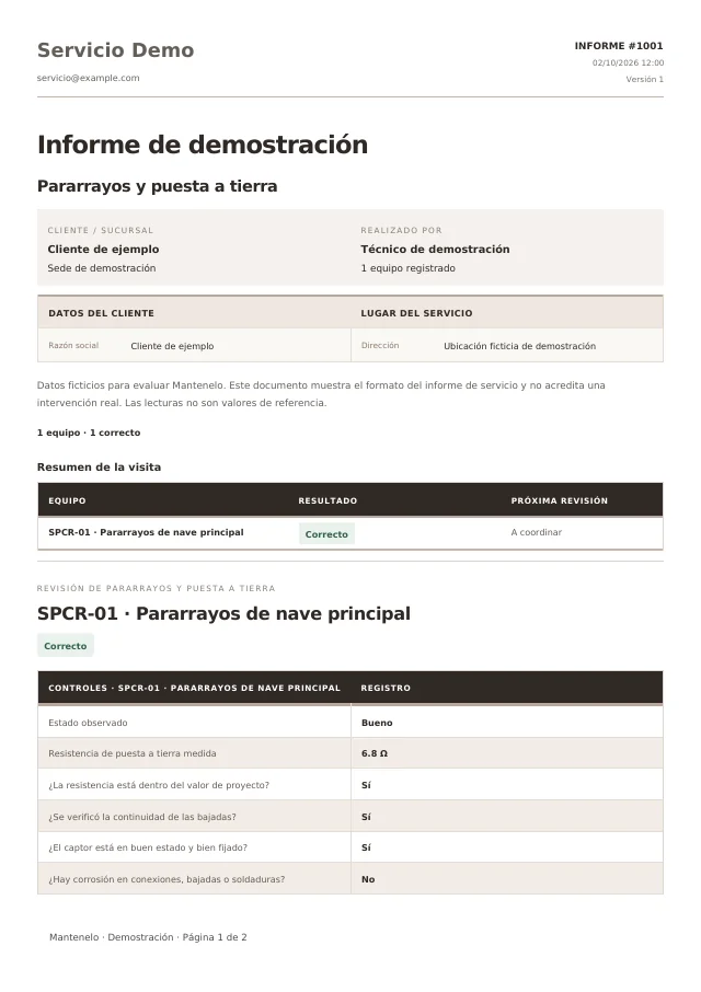 Primera página del informe de Pararrayos y puesta a tierra, generado con la plantilla de Mantenelo y datos ficticios