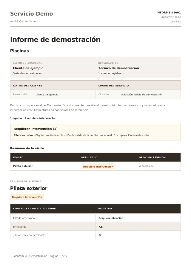 Primera página del informe de Piscinas, generado con la plantilla de Mantenelo y datos ficticios