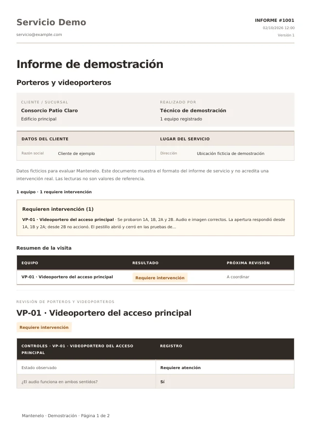 Primera página del informe de Porteros y videoporteros, generado con la plantilla de Mantenelo y datos ficticios