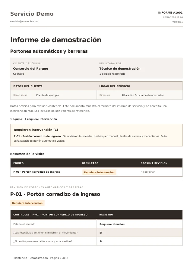 Primera página del informe de Portones automáticos y barreras, generado con la plantilla de Mantenelo y datos ficticios