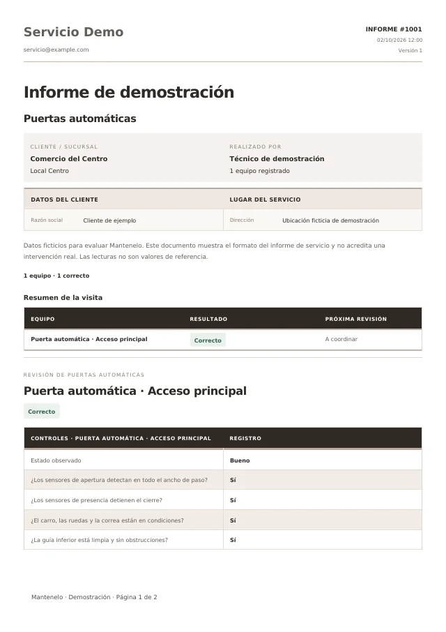 Primera página del informe de Puertas automáticas, generado con la plantilla de Mantenelo y datos ficticios