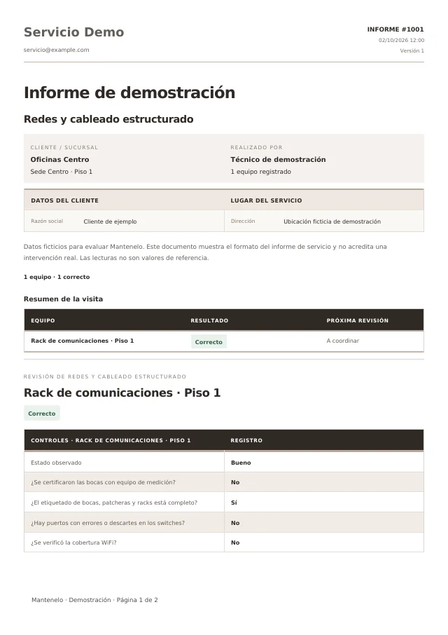 Primera página del informe de Redes y cableado estructurado, generado con la plantilla de Mantenelo y datos ficticios
