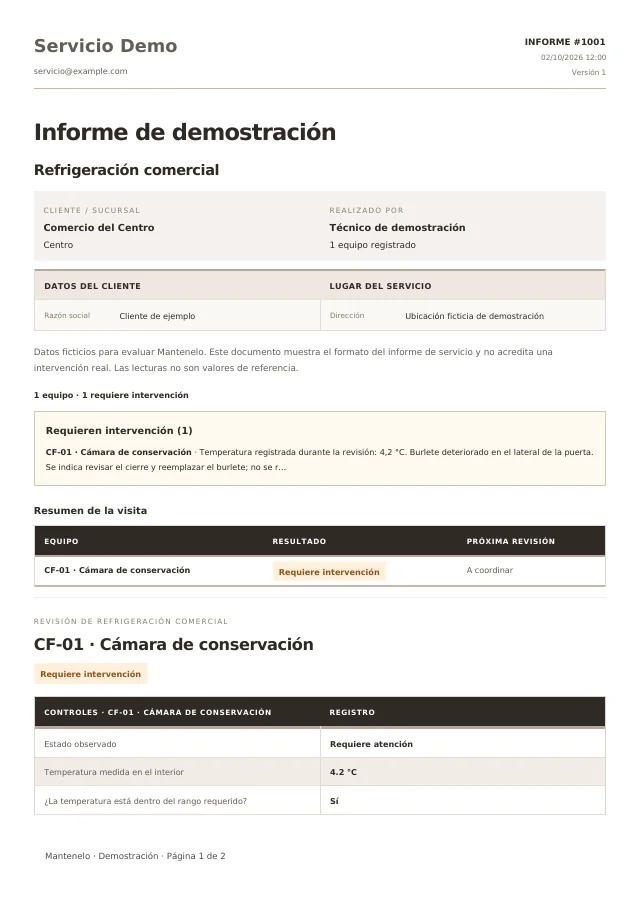 Primera página del informe de Refrigeración comercial, generado con la plantilla de Mantenelo y datos ficticios