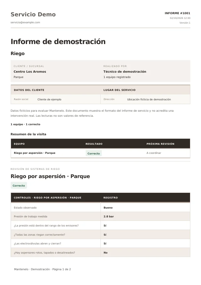 Primera página del informe de Riego, generado con la plantilla de Mantenelo y datos ficticios