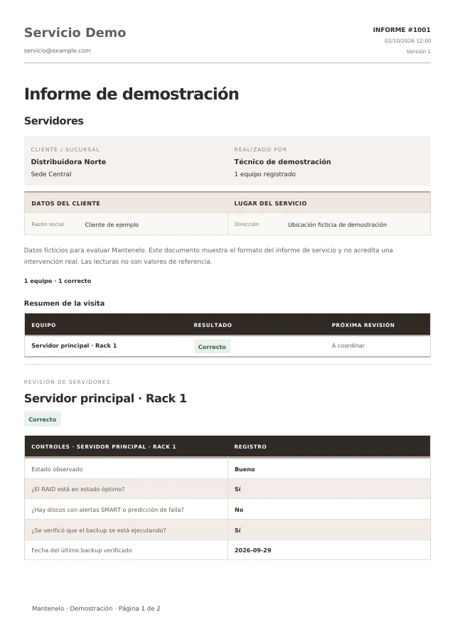 Primera página del informe de Servidores, generado con la plantilla de Mantenelo y datos ficticios