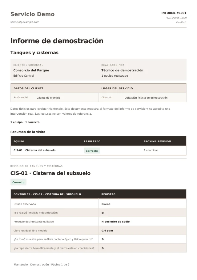 Primera página del informe de Tanques y cisternas, generado con la plantilla de Mantenelo y datos ficticios