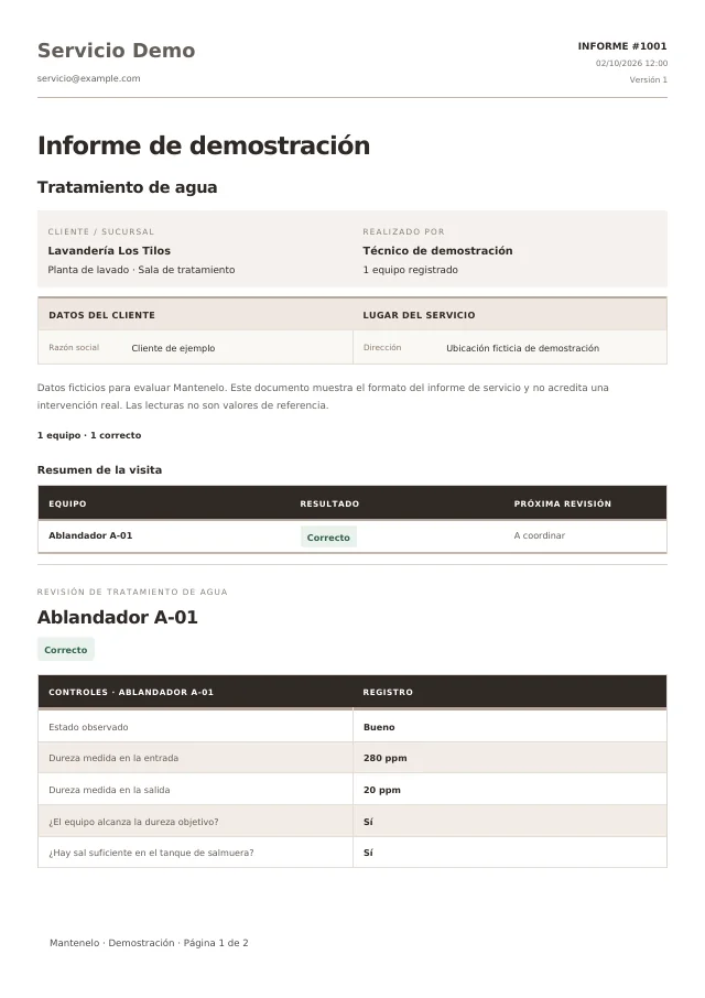 Primera página del informe de Tratamiento de agua, generado con la plantilla de Mantenelo y datos ficticios