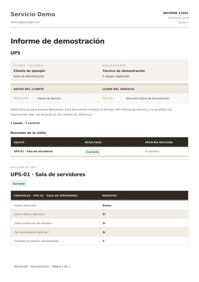 Primera página del informe de UPS, generado con la plantilla de Mantenelo y datos ficticios